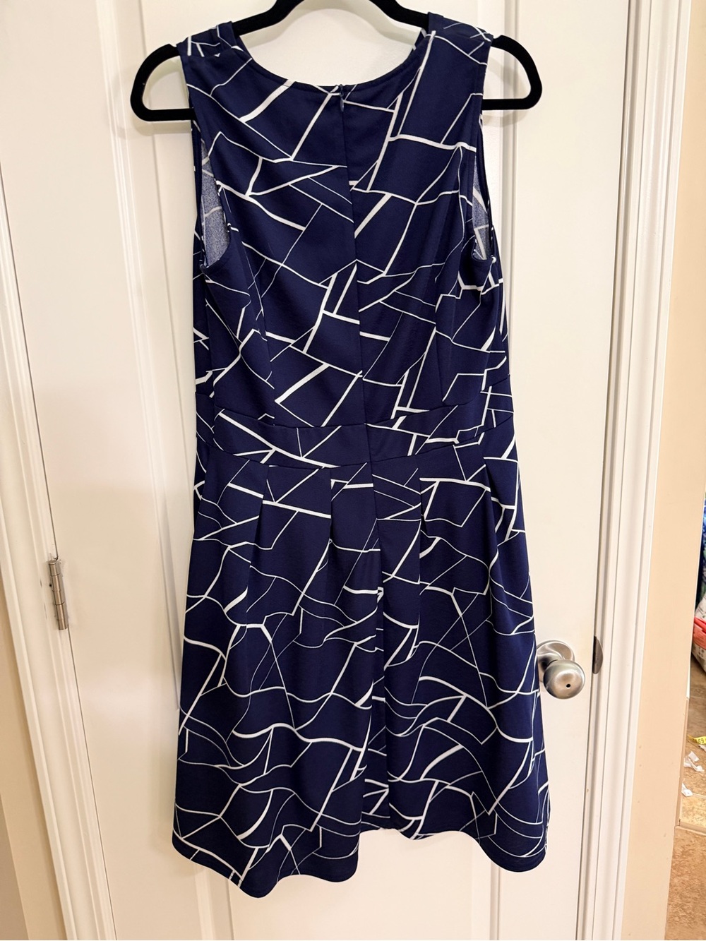 Sleeveless Navy Blue Geometric Print A-Line Dress